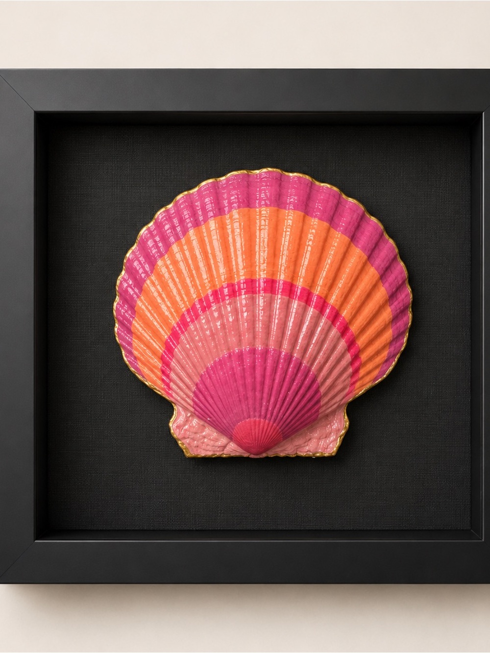 6x6 Shadow box framed Striped Seashell Wall Art - Pink & Orange